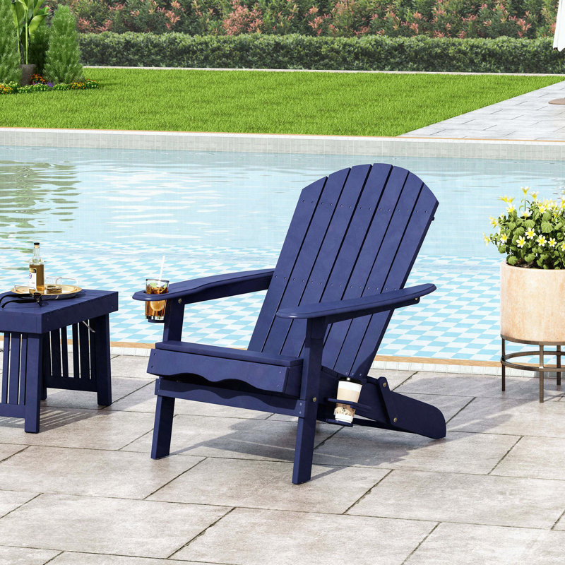 Folding Adirondack Chair with Cup Holders – Rustic Style for Patio & Poolside, Blue