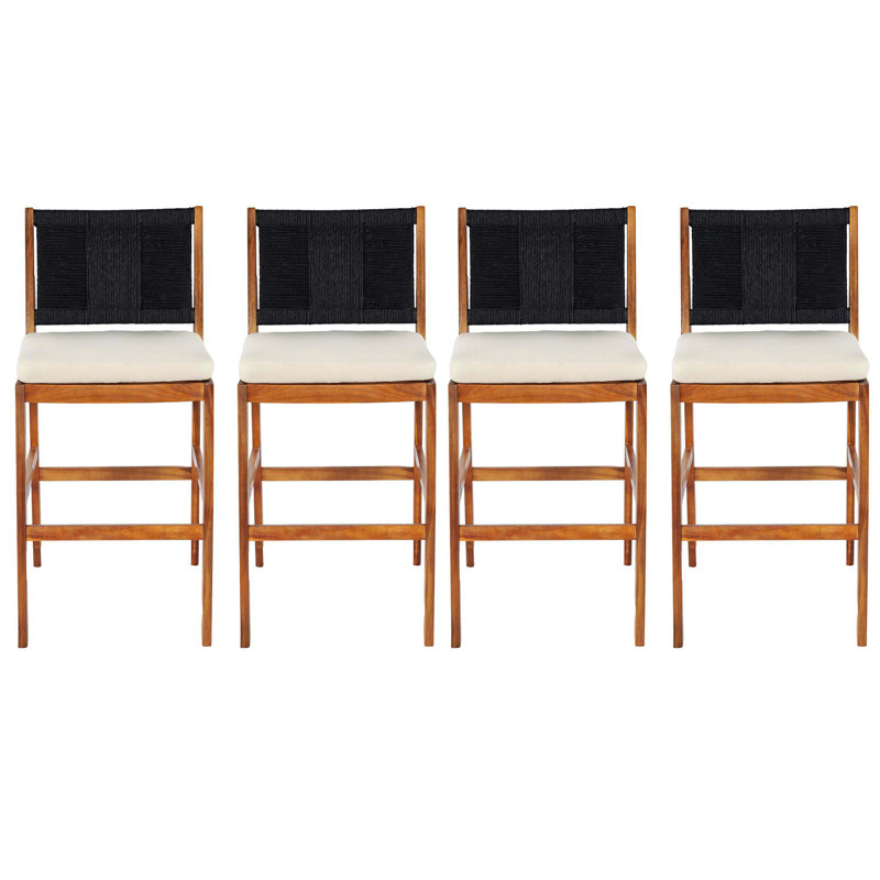 4 tabourets de bar noirs d'extérieur en bois d'acacia massif avec détails en osier tissé à la main Arly, 4, Noir / teck