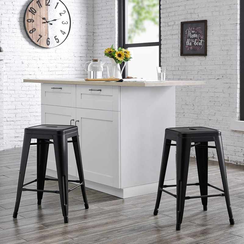 Contemporary Rustic Vintage Backless Metal Bar Stools - Kitchen Counter Seating, 24 Inch Height, Set of 2, Matte Black Finish