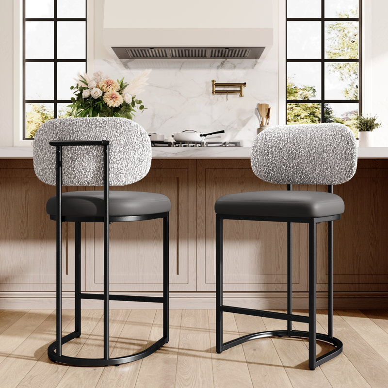 Upholstered Counter Stool with Metal Frame, Grey/Black, 2