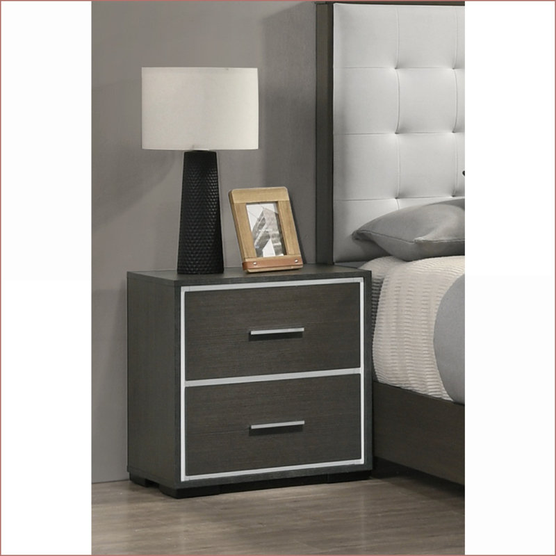 Table de chevet 2 tiroirs rustique grise avec détails chromés pour la chambre à coucher