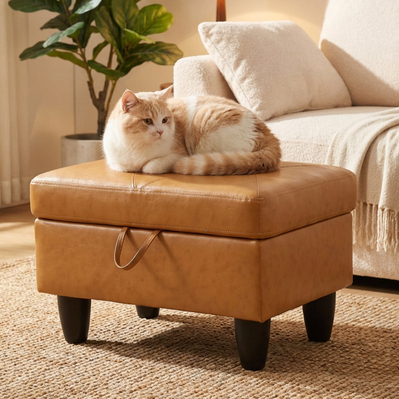 Banc rectangulaire avec repose-pieds avec rangement, repose-pieds en similicuir avec couvercle à charnière, tabouret de table basse pour le salon, la chambre à coucher, le vestibule, orange