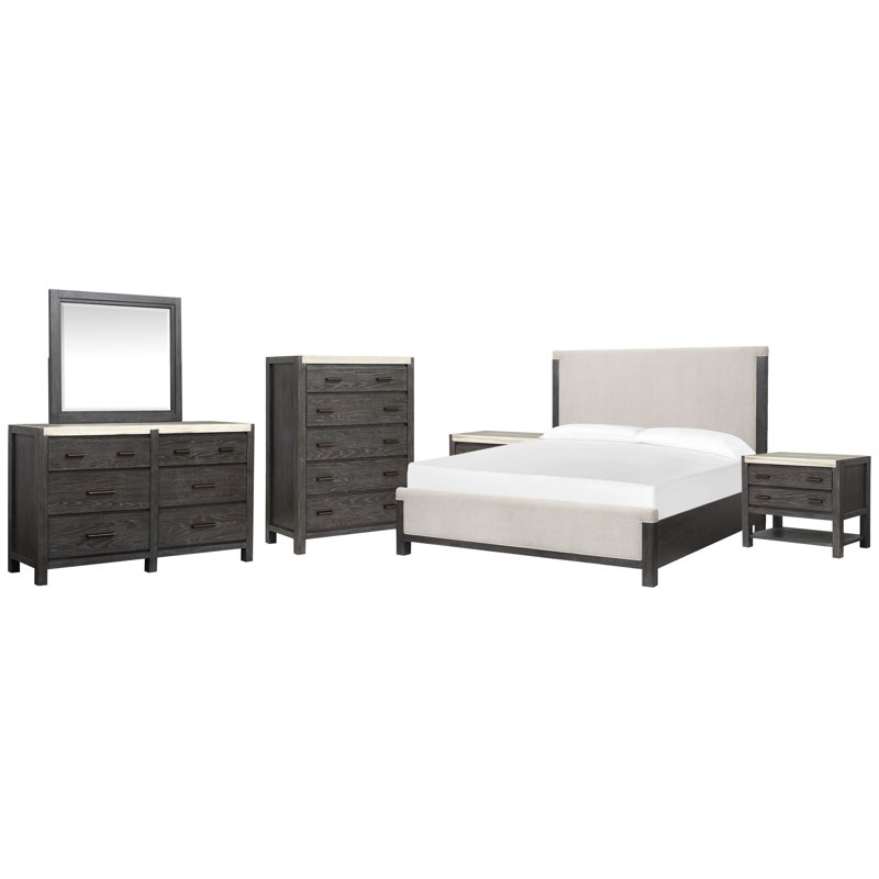 Très grand lit tapissier Wilmot, 6 Pcs:Bed,2Nightstand,Dresser,Mirror,Drawer Chest, Très grand