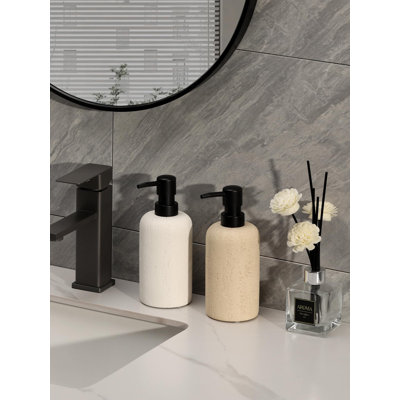 Distributeur de savon 400 ml 13,5 oz, 2 pièces luxueux savon à main, shampoing, distributeur de savon, bouteilles de savon en travertin, pompe antirouille pour comptoir de salle de bain