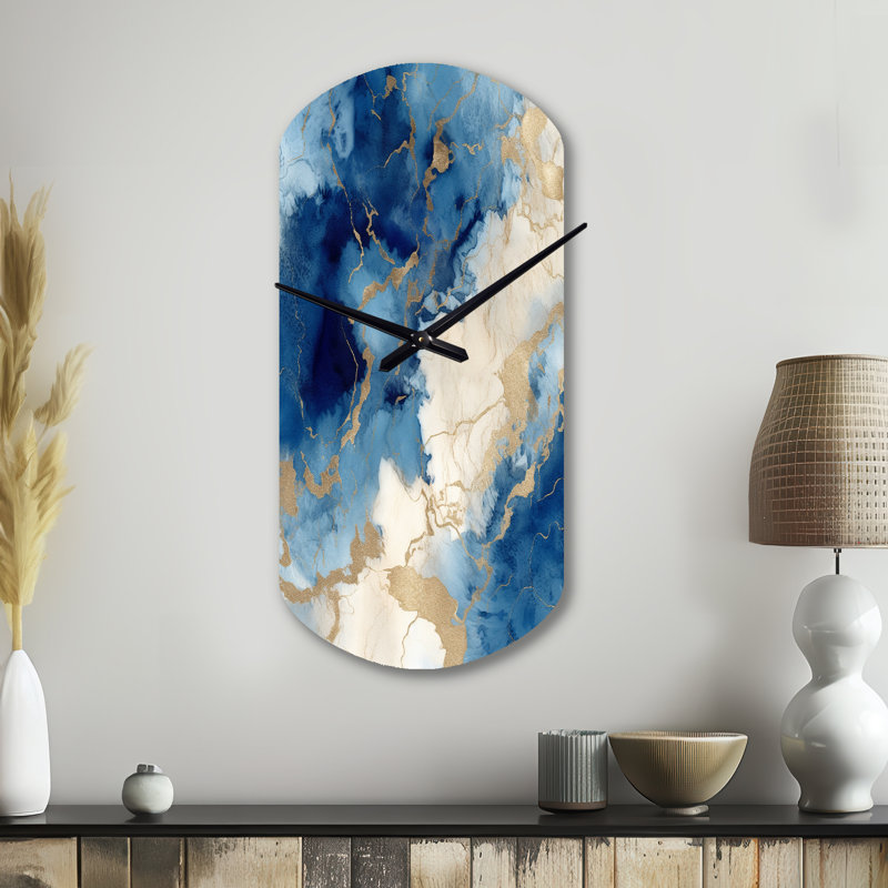 Horloge murale cylindrique bleue et dorée en forme de nuage, impression de l'horloge murale moderne asymétrique, Petit