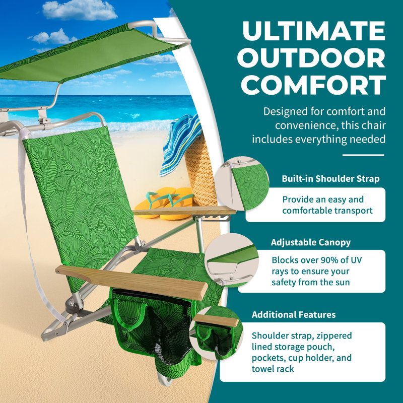  Fauteuil inclinable de chaise de plage pliable avec auvent, feuilles de bananier vertes