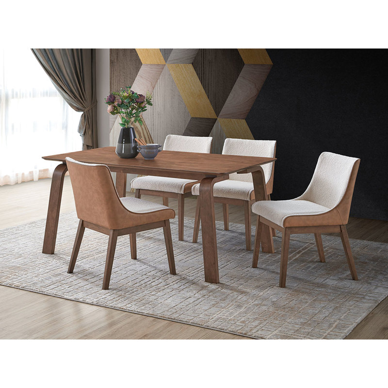 Salle à manger en noyer - 5 pièces avec chaises d'appoint, configuration en bois d'hévéa économique