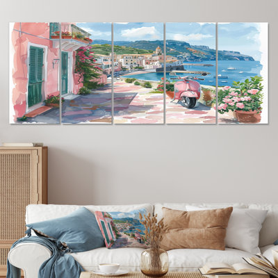 Scooter rose dans un village côtier, Italie I - Italie, ensemble de reproductions d'art mural