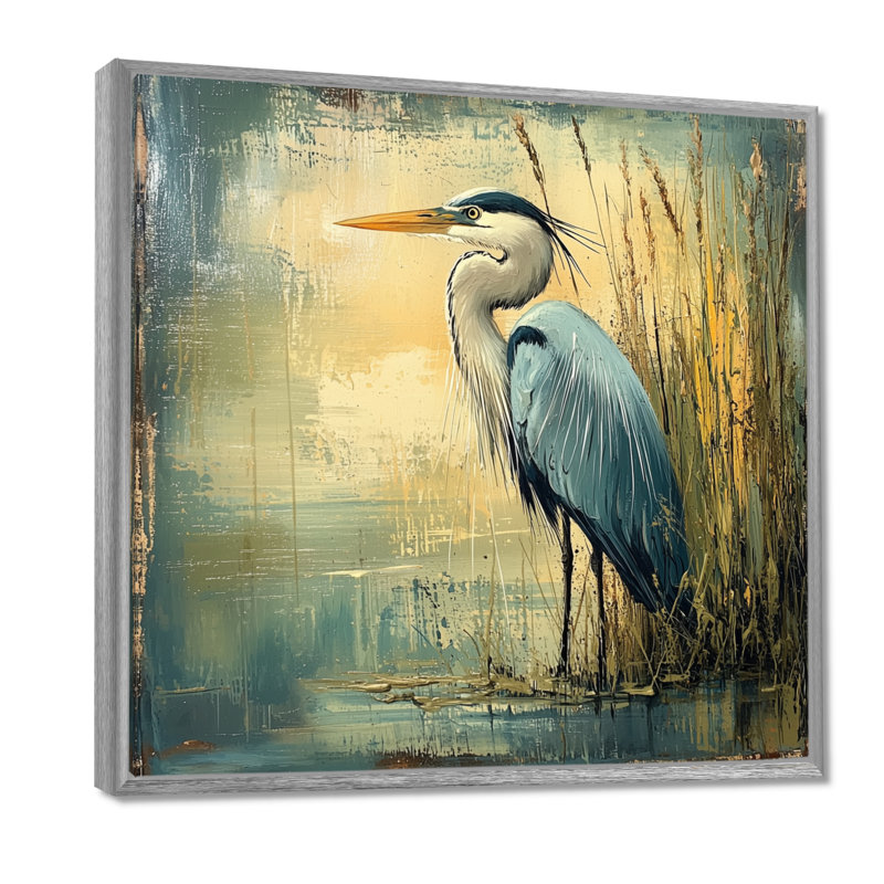 Ayise Heron at the Farm Pond II - héron, art mural, H 36 po x l 36 po, Impression encadrée flottante, Argent argent