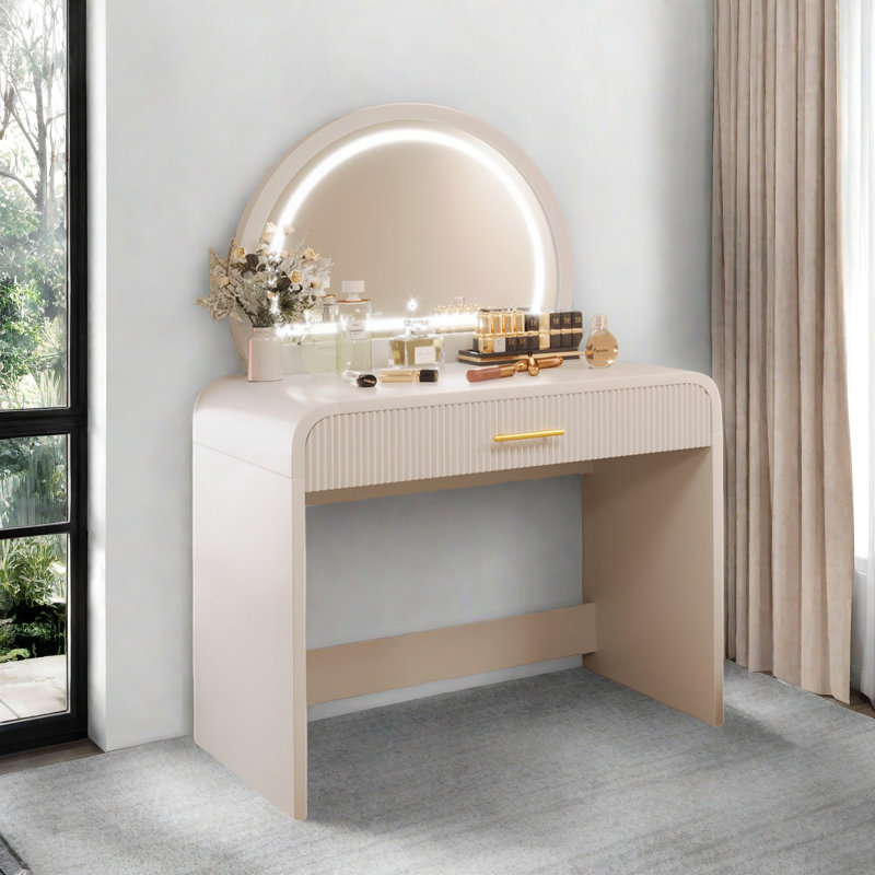 Makeup Vanity Table With Touch Screen Lighted Mirror, Dressing Table With A Drawer And Curved Edges