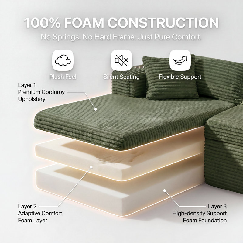 108" Left Hand Facing Corner Sectional With Chaise And Ottoman Corduroy Upholstered Boneless Compression L-Shaped Sofa