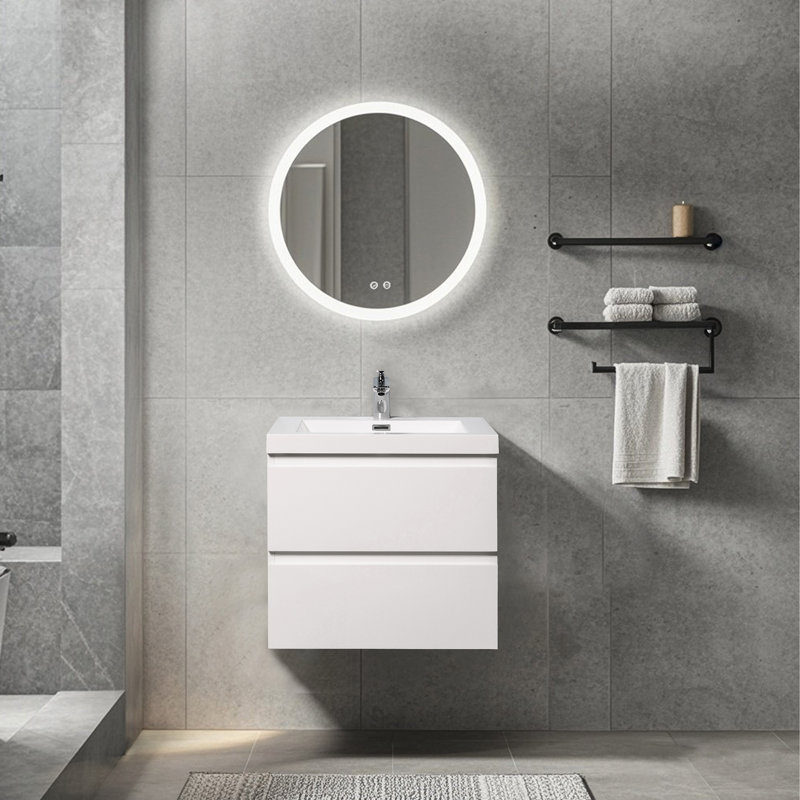 Meuble-lavabo flottant mural blanc brillant de 24 po avec comptoir simple à surface solide blanc, Blanc