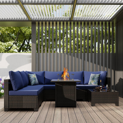 8 Pieces Patio Furniture Set With Fire Pit Table, Includes Splashproof Anti-Slip Cushions - Perfect For Outdoor, Deck, Garden, Poolside by Latitude Run