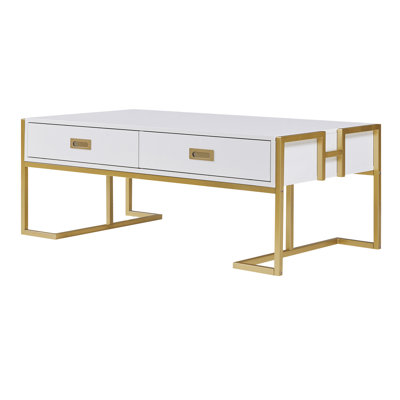 Modern White Rectangular Coffee Table With 4 Drawers And Gold Base In 47.3" (Only Including Table)