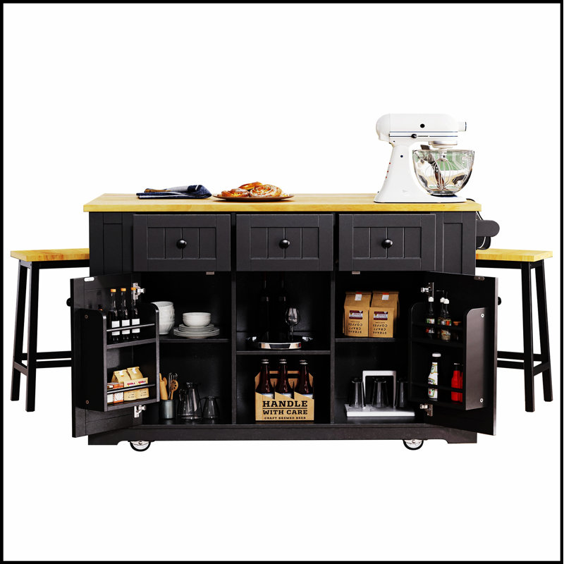 53-Inch Large Kitchen Island With 2 Bar Stools, Power Outlets, And Ample Storage For Modern Kitchens And Dining Rooms, Black