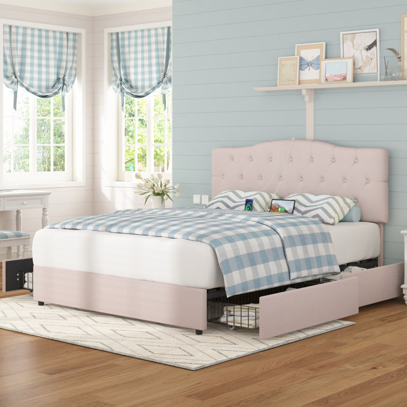 Kempst Full Size Upholstered Bed Frame With 4 Storage Drawers, Full Platform Bedframe with Button Tufted Adjustable Headboard, Mattress Foundation With Wooden Slats Support