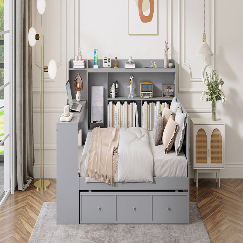 Lit de jour en bois double avec 3 tiroirs, ports USB et bureau, Gris