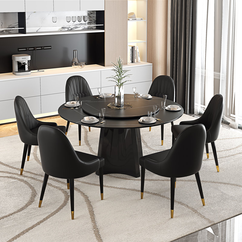 51'' Round Dining Table Set, Modern Faux Marble Table With Lazy Susan And Dining Chairs For 6 Person, Lauren Black Gold