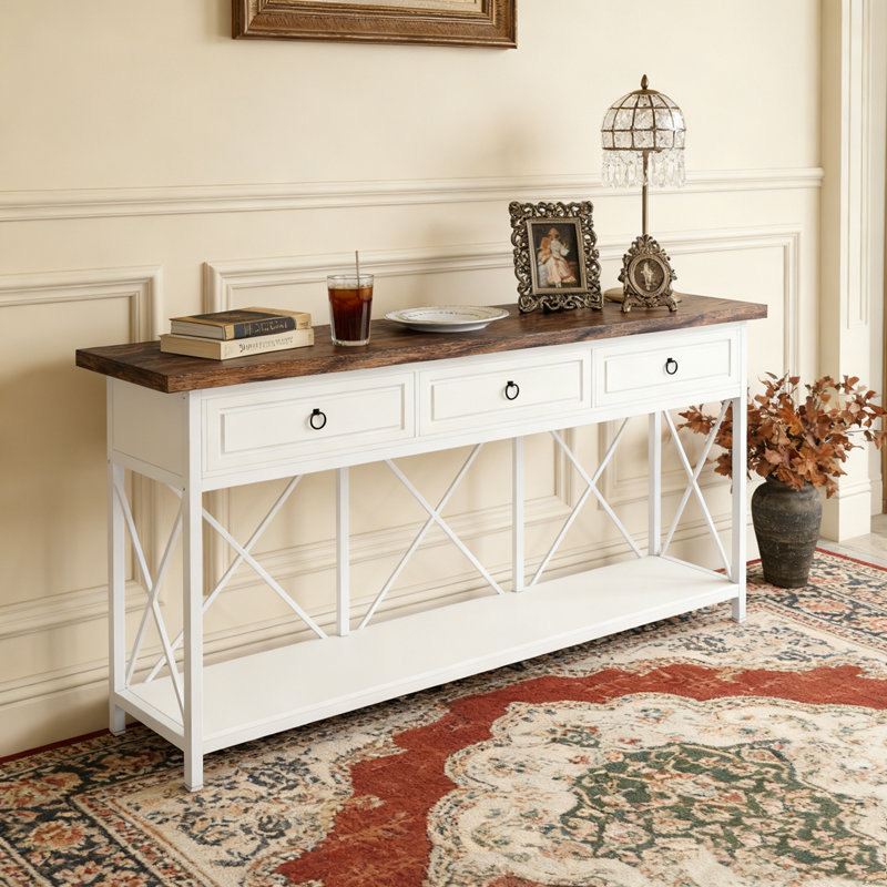 3-Drawer Console Table Sofa Foyer Table with Storage Shelf, White & Brown