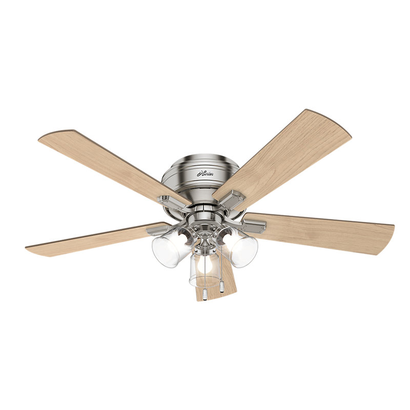 52" Crestfield 5 - Blade Flush Mount Ceiling Fan with Lights and Pull Chains, Brushed Nickel/Natural Wood:Bleached Gray