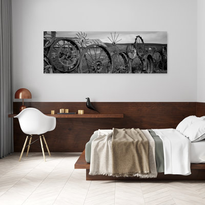 Old barn with a fence made of wheels Palouse Whitman County Washington State USA 1 Piece Wrapped Canvas Panoramic Wall Art