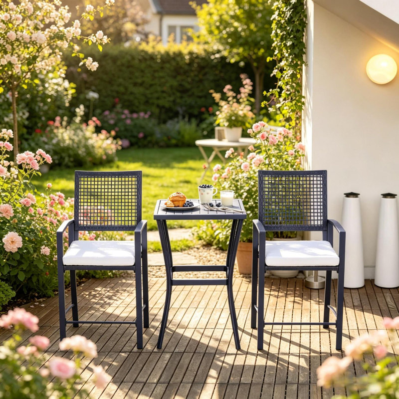 Ensemble de bar de patio moderne, rotin en acier compact 3 pièces