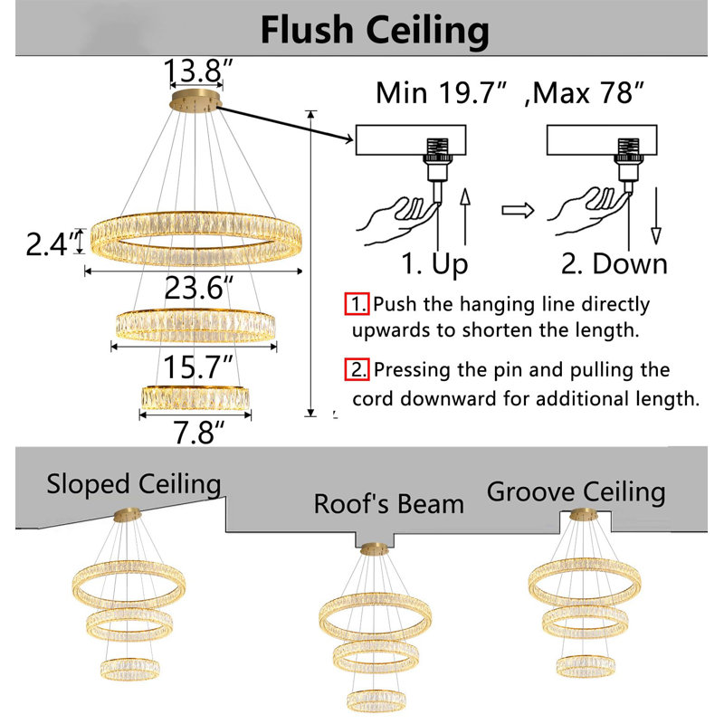 3 - Light Dimmable Led Crystal Chandelier, Gold