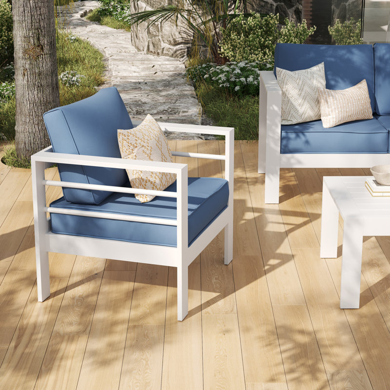 Outdoor Armchair with Cushions（set of 2）, Blue, White