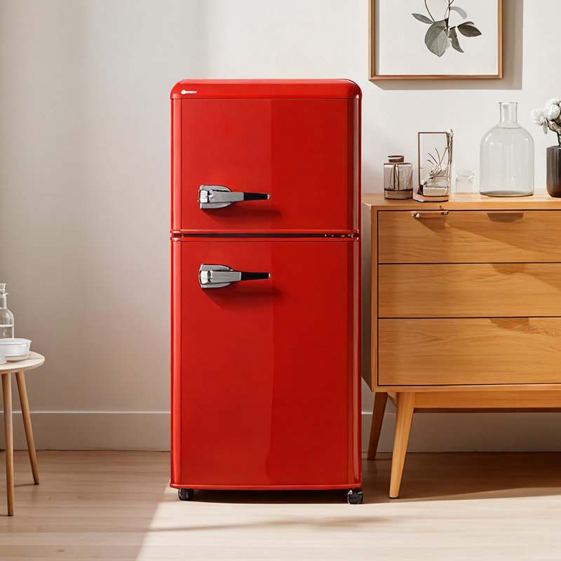 Double Door Mini Refrigerator With Freezer 3.5 Cu.ft Mini Fridge With 7 Level Adjustable Thermostat Removable Shelves, Red