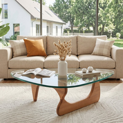 Modern Triangle Glass Coffee Table – Clear Top with Wood or Metal Base for Living Room