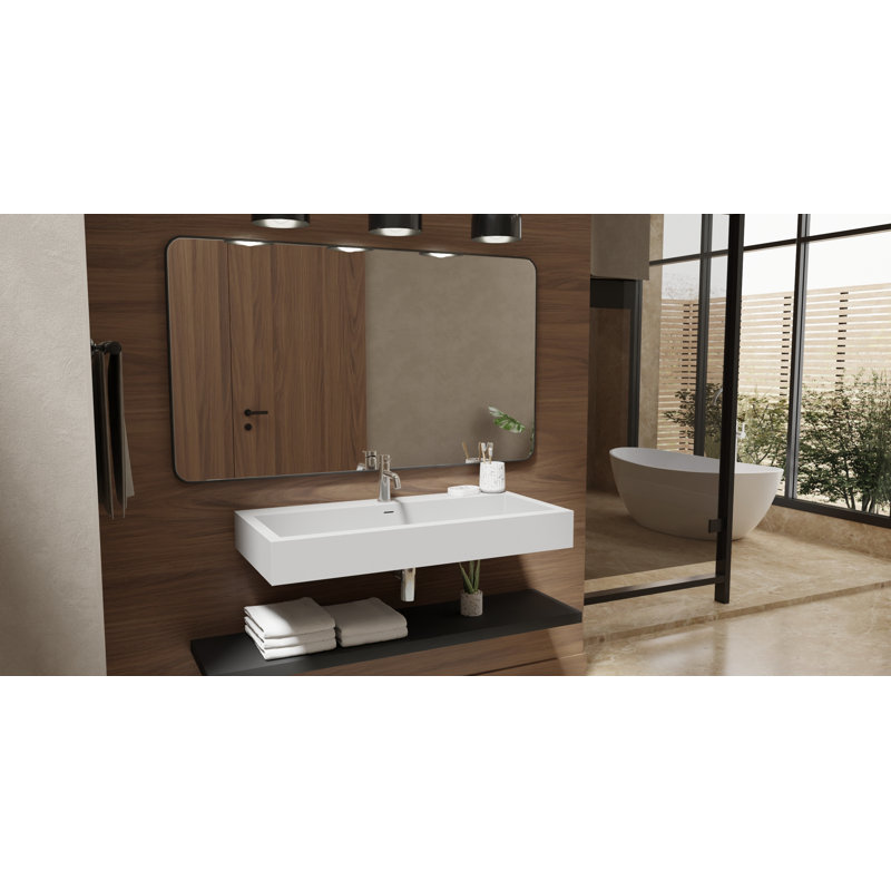 Lavabo de salle de bain mural en pierre avec trop-plein 39,4 po x 18,8 po Badeloft en blanc brillant WT-06-XL-G