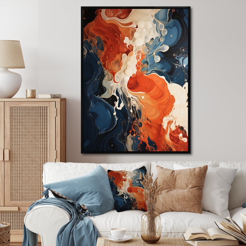 Encre liquide bleue et orange V - Art mural abstrait, Cadre flottant noir, H 44 po x l 34 po x P 1,5 po