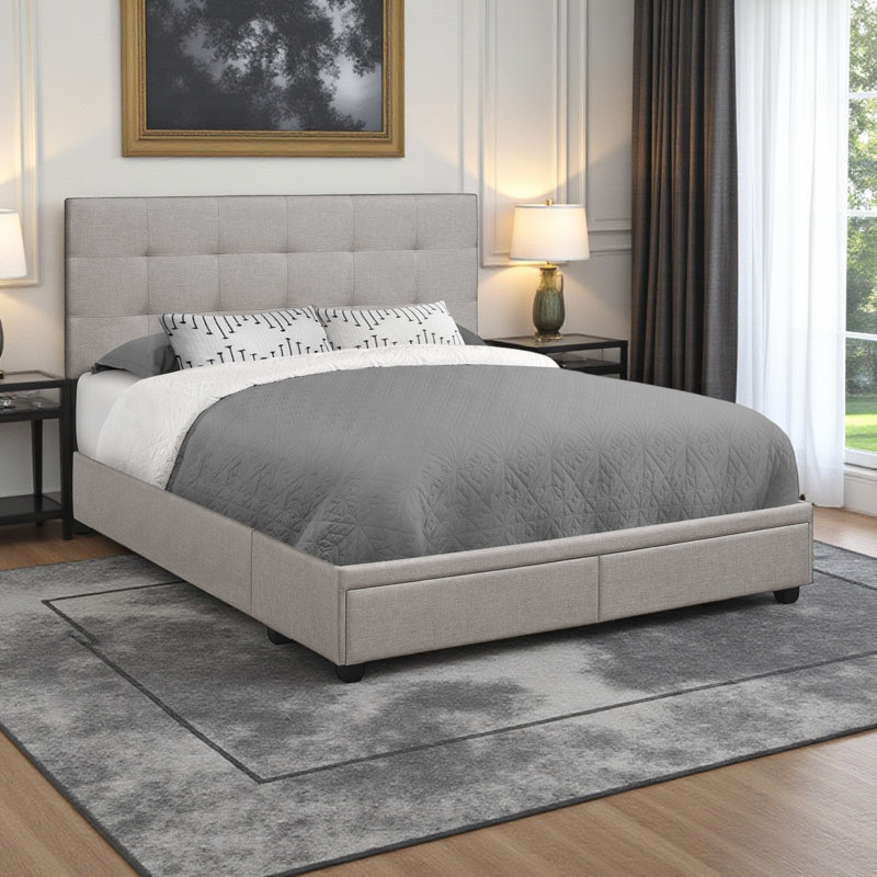 Grand lit tapissier Bonnie d'aspect lin gris, H 46,1 po x l 63,64 po x L 83,87 po