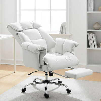 Chaise de bureau à haut dossier HOMcom, chaise de bureau inclinable avec repose-pieds, coussin épais, mousse à haute résilience, hauteur réglable, roulettes, blanc crème