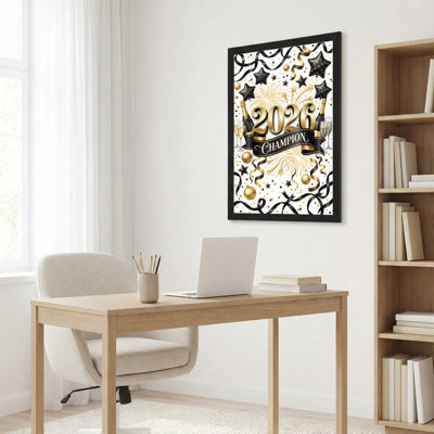 2026 Champion New Year Celebration Gold And Black Abstract Pattern Canvas Wrapped Wall Art Oil Painting Print Set Of 1
