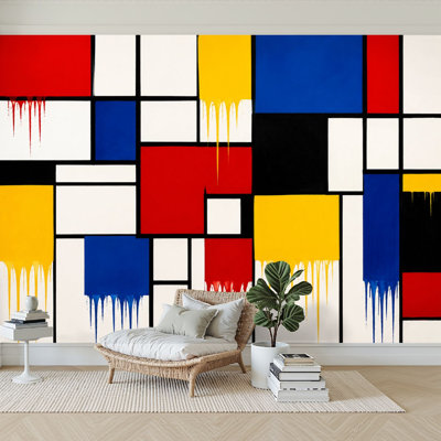 Wall Mural Peel and Stick Wallpaper Abstract Geometric Dripping Red Yellow Blue Black Squares Self-Adhesive Removable Contact Paper Wall Decor for Living Room Bedroom 100"H x 144"W