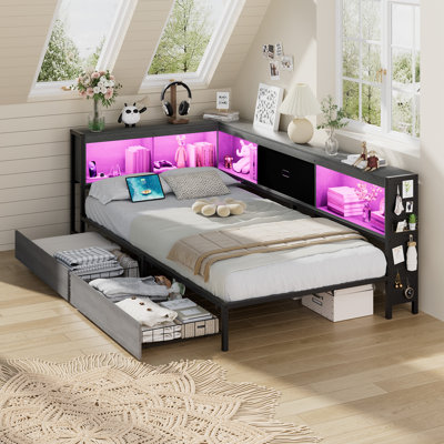 LED Twin Size Corner Bed With Charging Station And 2 Drawers Teen Bed With Bookcases