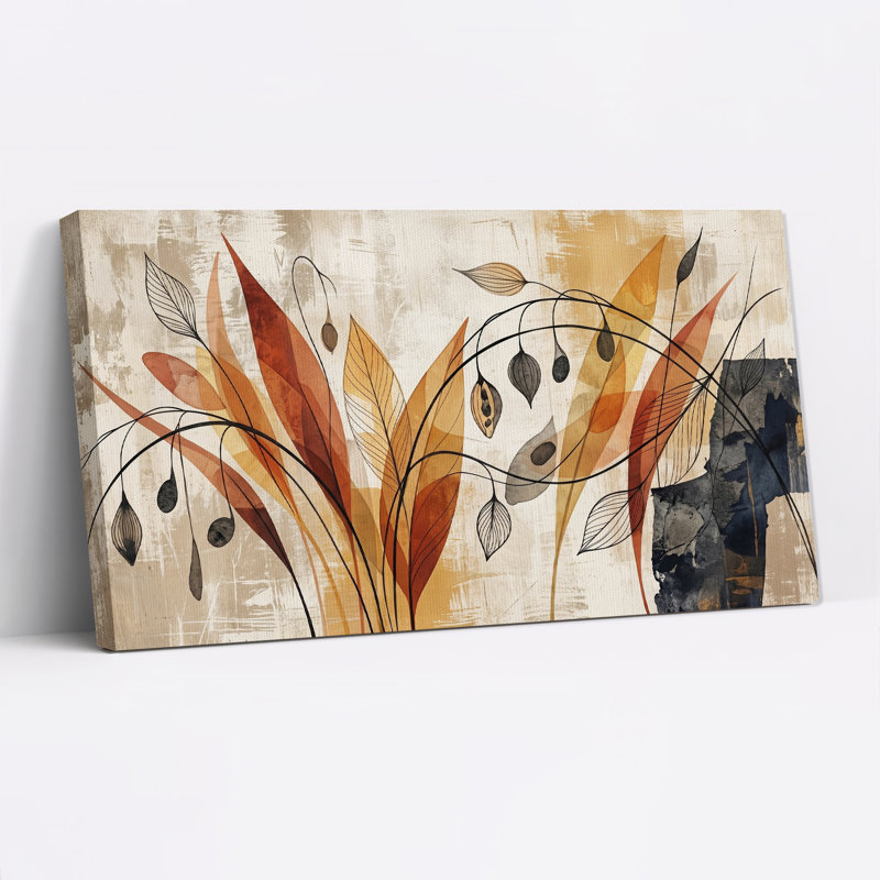 Tableau mural sur toile texturée avec feuilles rouillées et gousses de graines, 58“W x 28”H