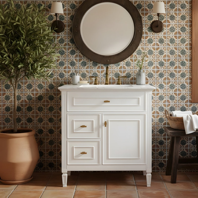 30'' freestanding vanity with a drop-front drawer, two standard drawers, and adjustable shelves, 30", White