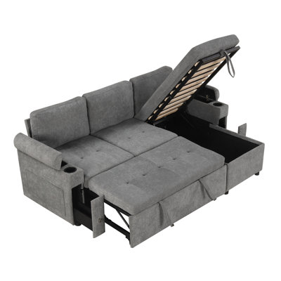 83.5" L-Shaped Sofa Couch Convertible Sofa Bed Sectional Sofa With Ample Storage Space, Two Cup Holders And Two USB Ports For Living Room by Latitude Run