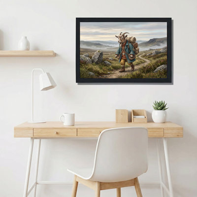 Blue Coated Hiking Goat on Misty Mountain Trail Canvas Wall Art
