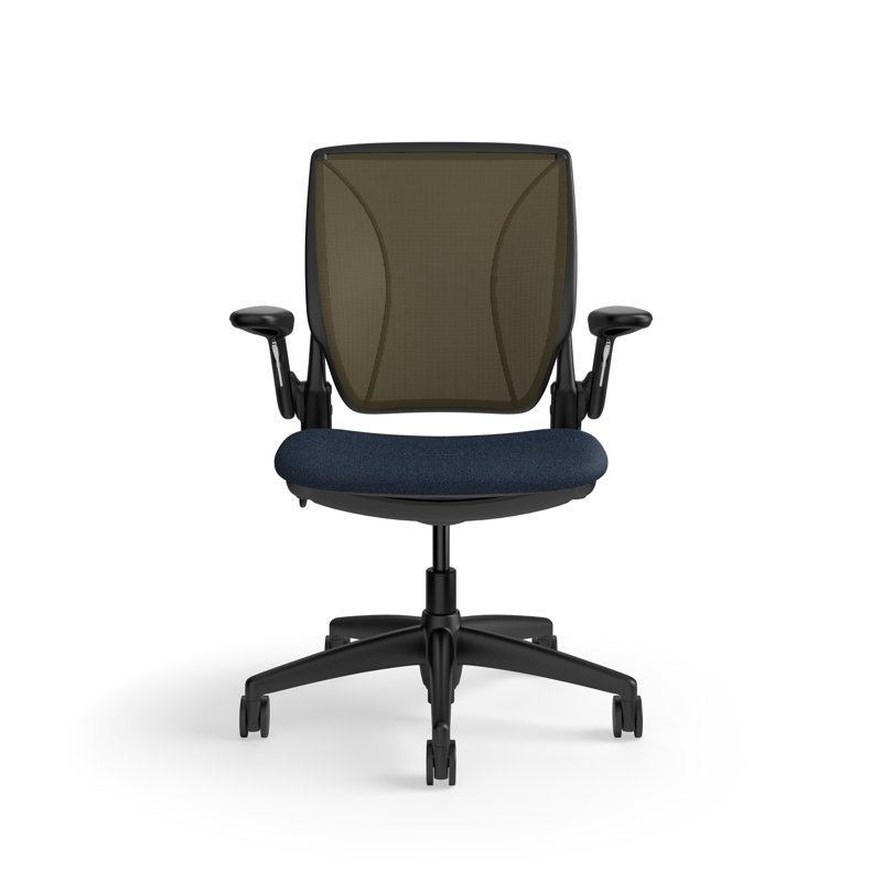 World LM, Ergonomic Task Chair with Poppy Seed Backrest, and  Autumn Upholstered Seat, Black, Slate Blue Fabric, Brown Mesh