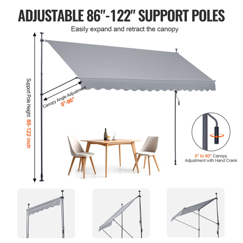 157X47" Patio Awning Retractable Awning Sunshade Shelter With Crank Handle, 53.94" H x 7.56" W x 6.93" D, Gray