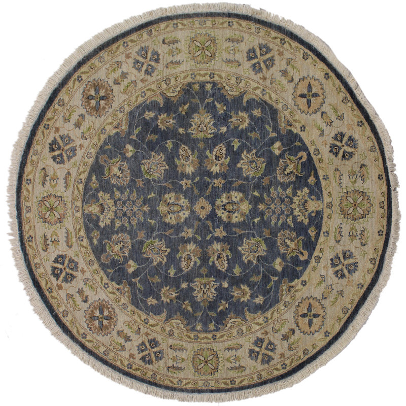 Tapis rond en laine noué à la main à motif floral bleu / vert / beige 6 pi 1 po Baccio