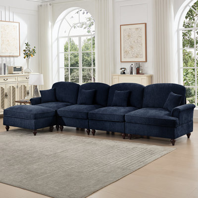 Classic Three Seater Modular L Shaped Sectional Couch with Flared Arms, Removable Ruffles Pleats Skirts, and Movable Ottoman, Comfy Chenille Deep Seat