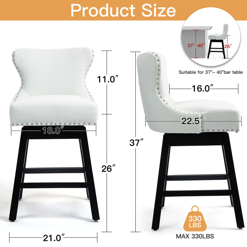 Upholstered 26" Swivel Counter Stools With Solid Wood Legs, 2, White