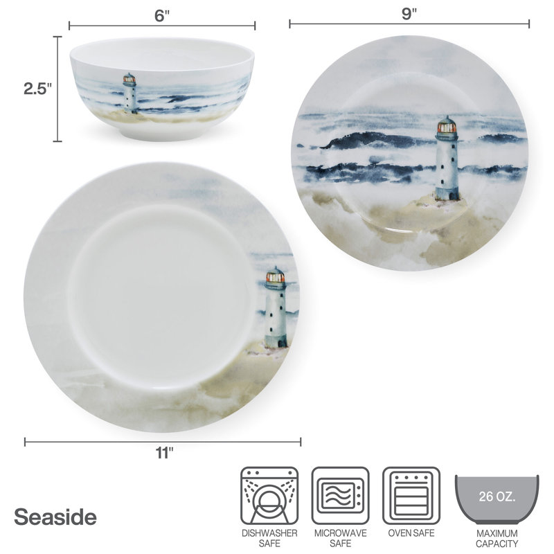 Seaside Coastal Multicolor Porcelain 12-Piece Dinnerware Set, Service for 4