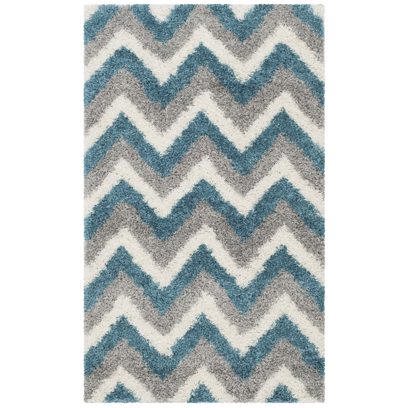Tapis à motif chevron ivoire / bleu / g ris, Rectangle 2 pi 3 po x 5 pi