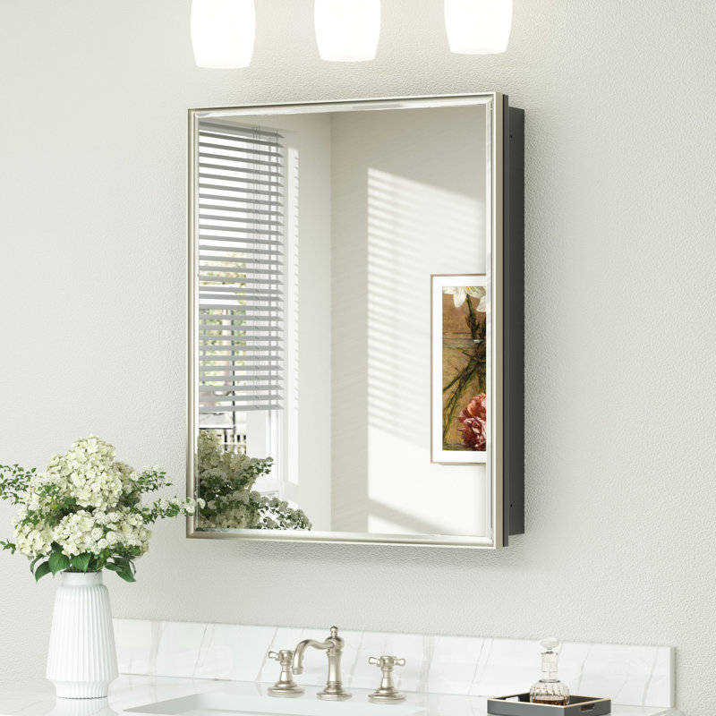 Recessed & Surface Framed Medicine Cabinet with Mirror and Shelves, Brushed Nickel, 30"H x 24"W x 5"D