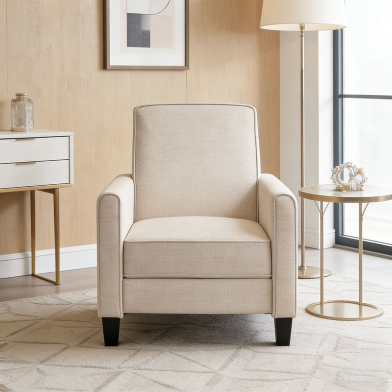 Fauteuil inclinable rembourré 27,5 po avec pieds en hêtre massif, Polyester, Beige clair